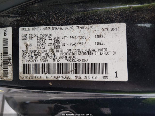 Aukcja sprzedaży 2019 Toyota Tacoma Sr, vin: 5TFRX5GN2KX138019, numer aukcji: 46190496