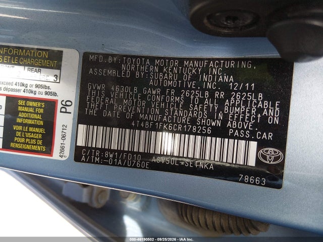 2012 Toyota Camry Le მანქანა იყიდება აუქციონზე, vin: 4T4BF1FK6CR178256, აუქციონის ნომერი: 46190502