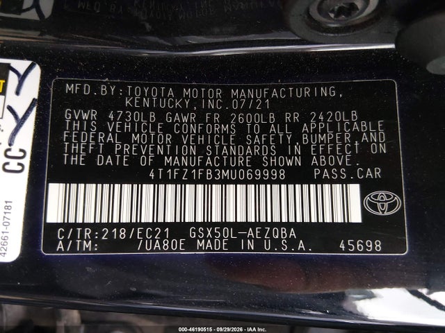 46190515 :رقم المزاد ، 4T1FZ1FB3MU069998 vin ، 2021 Toyota Avalon Trd مزاد بيع