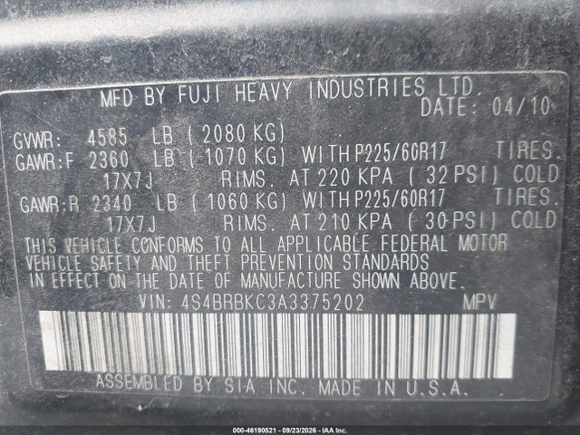 Aukcja sprzedaży 2010 Subaru Outback Ltd Pwr Moon, vin: 4S4BRBKC3A3375202, numer aukcji: 46190521
