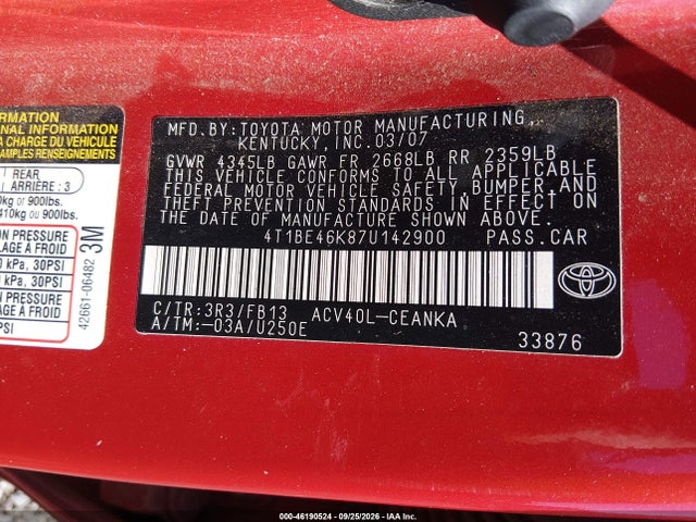 Продажа на аукционе авто 2007 Toyota Camry Le, vin: 4T1BE46K87U142900, номер лота: 46190524