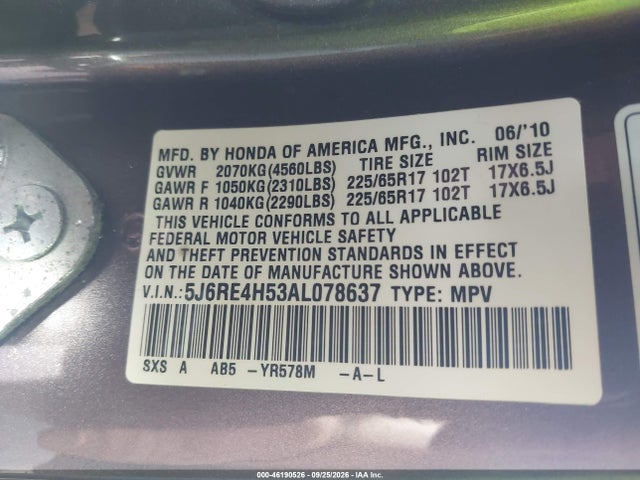 46190526 :رقم المزاد ، 5J6RE4H53AL078637 vin ، 2010 Honda Cr-v Ex مزاد بيع