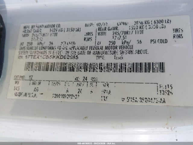 46190533 :رقم المزاد ، 1FTEX1CB5KKD02685 vin ، 2019 Ford F-150 Xl مزاد بيع
