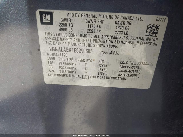 46190554 :رقم المزاد ، 2GNALAEK1E6290685 vin ، 2014 Chevrolet Equinox Ls مزاد بيع