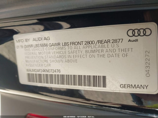 46190558 :رقم المزاد ، WAUM2AF24KN072476 vin ، 2019 Audi A6 55 Premium مزاد بيع