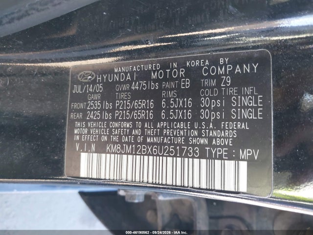 Продажа на аукционе авто 2006 Hyundai Tucson Gl, vin: KM8JM12BX6U251733, номер лота: 46190562
