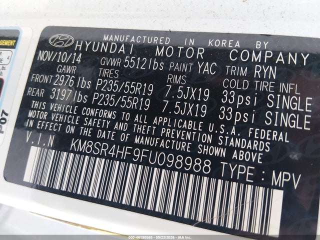 KM8SR4HF9FU098988 Hyundai Santa Fe Limited