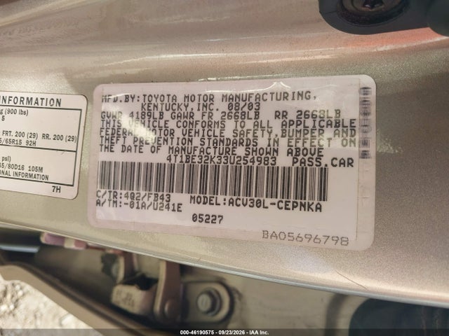 Продаж на аукціоні авто 2003 Toyota Camry Le, vin: 4T1BE32K33U254983, номер лоту: 46190575