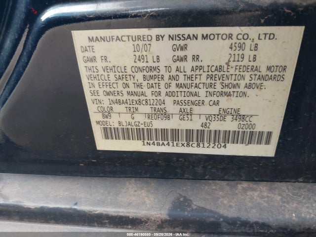 2008 Nissan Maxima 3.5 Sl მანქანა იყიდება აუქციონზე, vin: 1N4BA41EX8C812204, აუქციონის ნომერი: 46190580