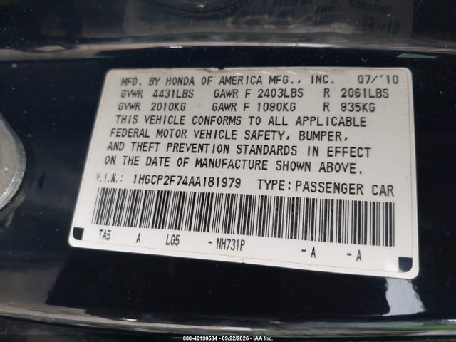 Продажа на аукционе авто 2010 Honda Accord 2.4 Ex, vin: 1HGCP2F74AA181979, номер лота: 46190584