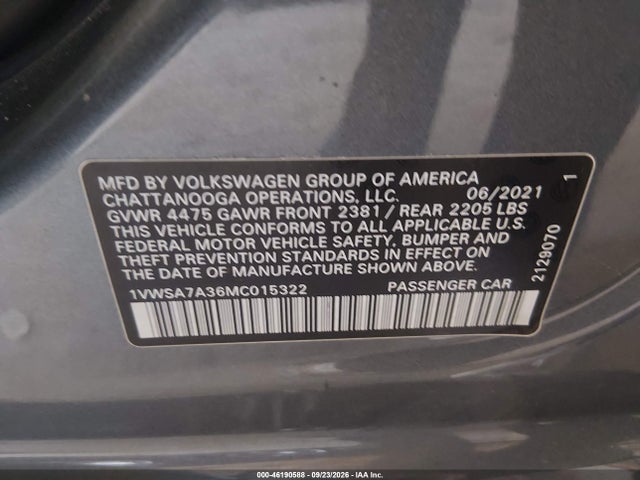 2021 Volkswagen Passat 2.0t Se მანქანა იყიდება აუქციონზე, vin: 1VWSA7A36MC015322, აუქციონის ნომერი: 46190588