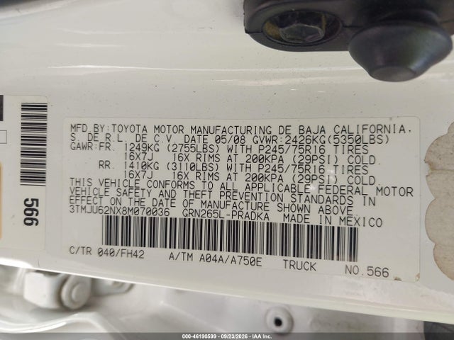 2008 Toyota Tacoma Prerunner მანქანა იყიდება აუქციონზე, vin: 3TMJU62NX8M070036, აუქციონის ნომერი: 46190599