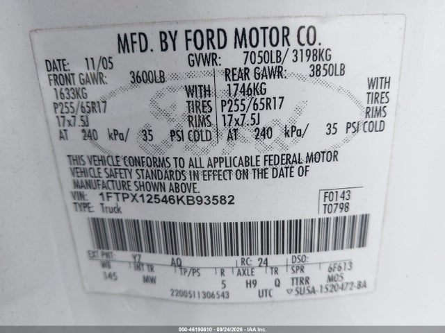 Продаж на аукціоні авто 2006 Ford F-150 Lariat/xl/xlt, vin: 1FTPX12546KB93582, номер лоту: 46190610