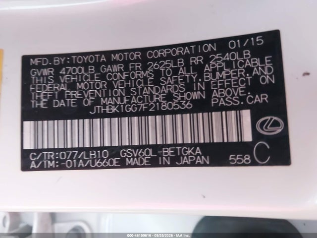 Продажа на аукционе авто 2015 Lexus Es 350, vin: JTHBK1GG7F2180536, номер лота: 46190616