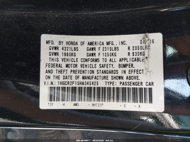 1HGCR2F15HA045425 Honda Accord Sport Se