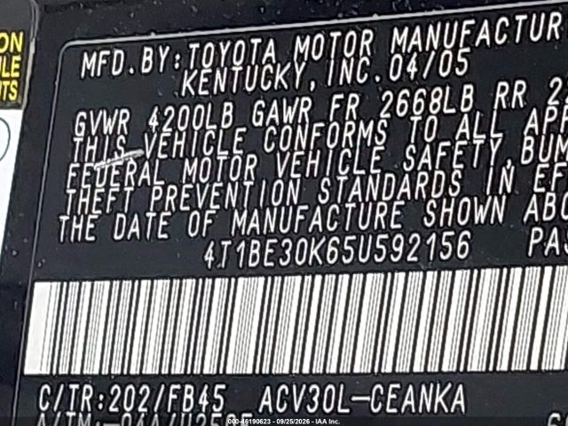 46190623 :رقم المزاد ، 4T1BE30K65U592156 vin ، 2005 Toyota Camry Le مزاد بيع