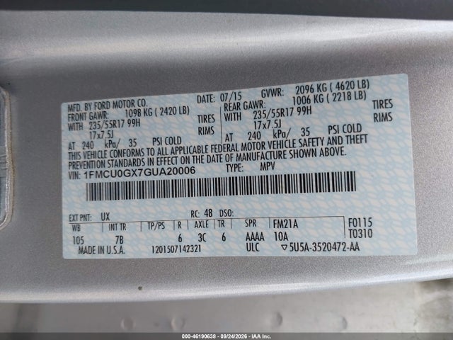 Продажа на аукционе авто 2016 Ford Escape Se, vin: 1FMCU0GX7GUA20006, номер лота: 46190638