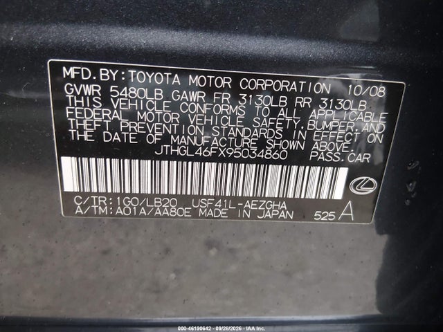 46190642 :رقم المزاد ، JTHGL46FX95034860 vin ، 2009 Lexus Ls 460 L مزاد بيع