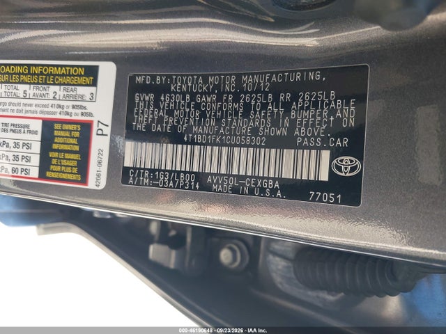 Продаж на аукціоні авто 2012 Toyota Camry Hybrid Xle, vin: 4T1BD1FK1CU058302, номер лоту: 46190648