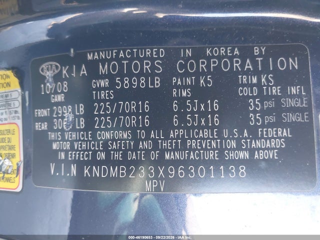 46190653 :رقم المزاد ، KNDMB233X96301138 vin ، 2009 Kia Sedona Lx مزاد بيع