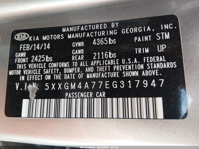2014 Kia Optima Lx მანქანა იყიდება აუქციონზე, vin: 5XXGM4A77EG317947, აუქციონის ნომერი: 46190658