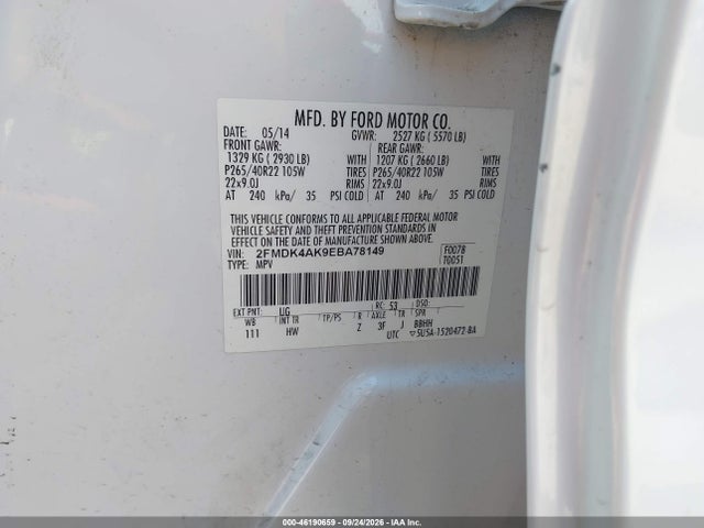 46190659 :رقم المزاد ، 2FMDK4AK9EBA78149 vin ، 2014 Ford Edge Sport مزاد بيع