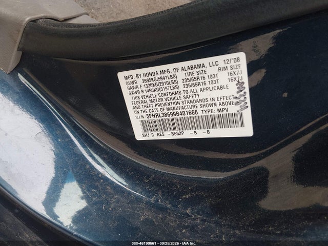 2009 Honda Odyssey Ex-l მანქანა იყიდება აუქციონზე, vin: 5FNRL38699B401666, აუქციონის ნომერი: 46190661