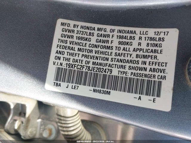 2018 Honda Civic Ex მანქანა იყიდება აუქციონზე, vin: 19XFC2F78JE202479, აუქციონის ნომერი: 46190680