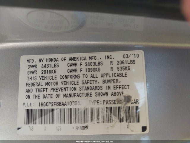 Auction sale of the 2010 Honda Accord 2.4 Ex-l, vin: 1HGCP2F88AA103083, lot number: 46190688