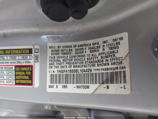 2008 Honda Civic Sdn Lx მანქანა იყიდება აუქციონზე, vin: 1HGFA16558L104429, აუქციონის ნომერი: 46190689