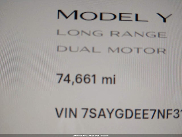 7SAYGDEE7NF319711 Tesla Model Y Long Range