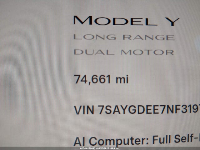 7SAYGDEE7NF319711 Tesla Model Y Long Range