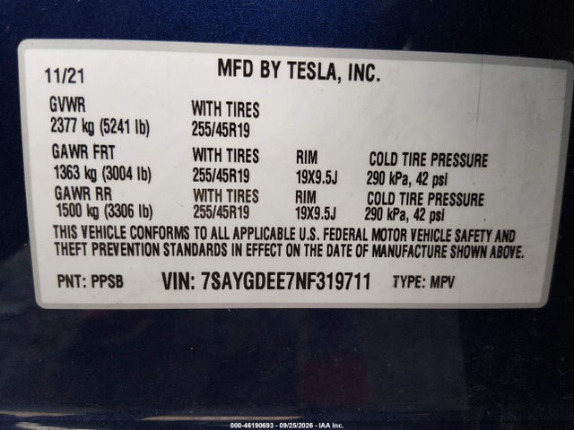 7SAYGDEE7NF319711 Tesla Model Y Long Range