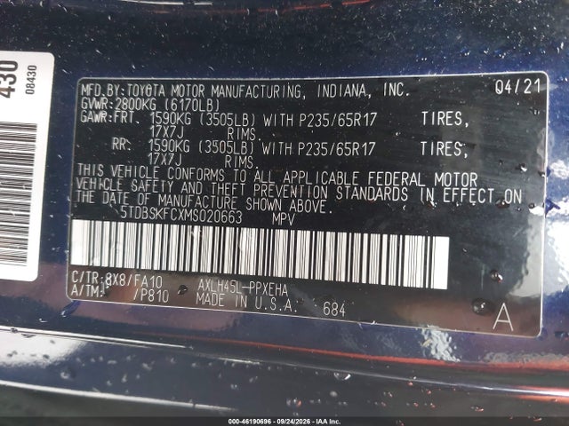 Продажа на аукционе авто 2021 Toyota Sienna Le, vin: 5TDBSKFCXMS020663, номер лота: 46190696