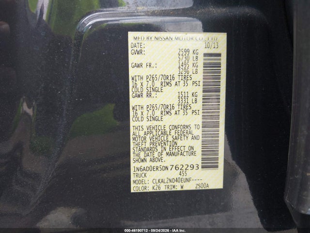 2013 Nissan Frontier Sv მანქანა იყიდება აუქციონზე, vin: 1N6AD0ER5DN762293, აუქციონის ნომერი: 46190712