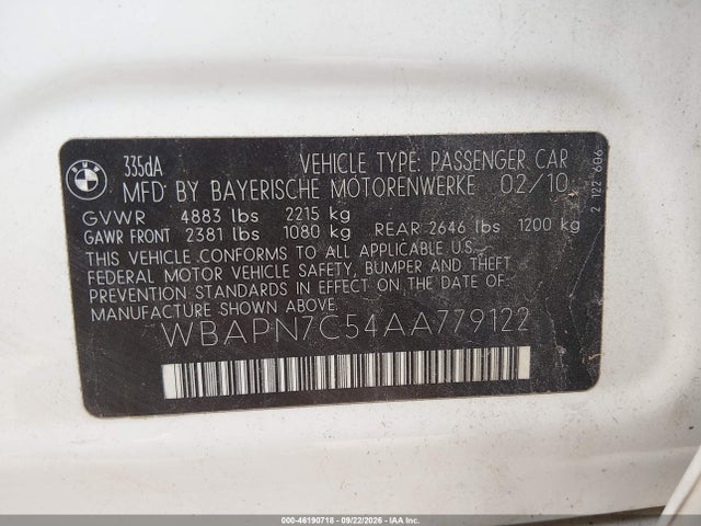 Auction sale of the 2010 Bmw 335d, vin: WBAPN7C54AA779122, lot number: 46190718
