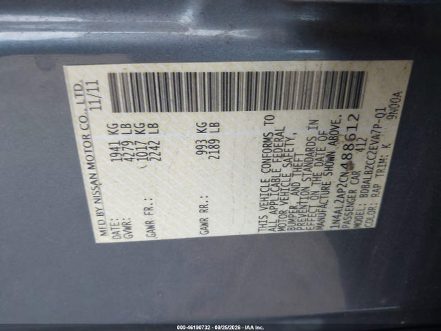 Продаж на аукціоні авто 2012 Nissan Altima 2.5 S, vin: 1N4AL2AP2CN488612, номер лоту: 46190732