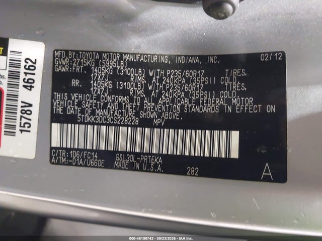 Продаж на аукціоні авто 2012 Toyota Sienna Le V6 8 Passenger, vin: 5TDKK3DC3CS228228, номер лоту: 46190742