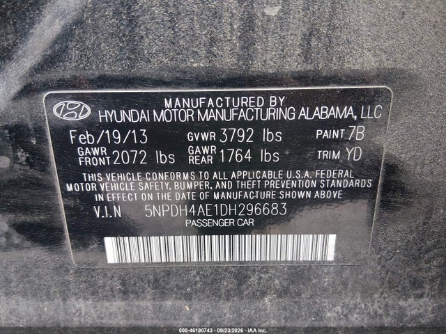 46190743 :رقم المزاد ، 5NPDH4AE1DH296683 vin ، 2013 Hyundai Elantra Gls مزاد بيع