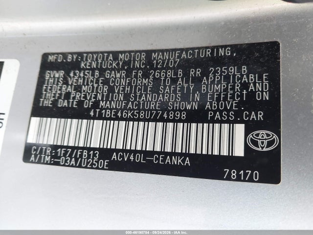 46190784 :رقم المزاد ، 4T1BE46K58U774898 vin ، 2008 Toyota Camry Le مزاد بيع