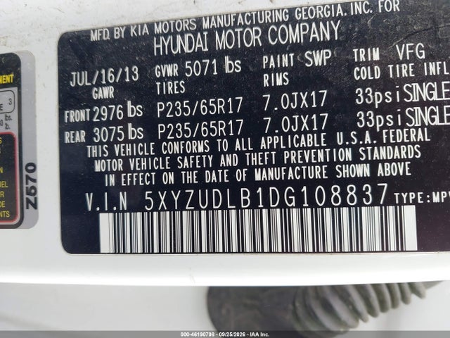 2013 Hyundai Santa Fe Sport მანქანა იყიდება აუქციონზე, vin: 5XYZUDLB1DG108837, აუქციონის ნომერი: 46190798