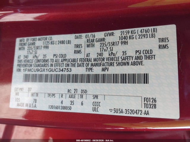 46190802 :رقم المزاد ، 1FMCU9GX1GUC34753 vin ، 2016 Ford Escape Se مزاد بيع