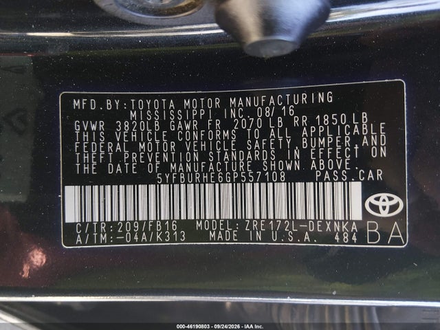 2016 Toyota Corolla Le მანქანა იყიდება აუქციონზე, vin: 5YFBURHE6GP557108, აუქციონის ნომერი: 46190803