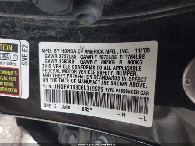 46190821 :رقم المزاد ، 1HGFA16806L019926 vin ، 2006 Honda Civic Sdn Ex/ex With Navi مزاد بيع