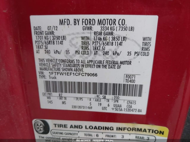 46190838 :رقم المزاد ، 1FTFW1EF1CFC79066 vin ، 2012 Ford F-150 Xlt مزاد بيع