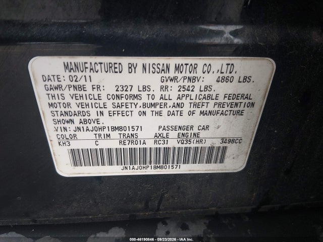 2011 Infiniti Ex35 Journey მანქანა იყიდება აუქციონზე, vin: JN1AJ0HP1BM801571, აუქციონის ნომერი: 46190846