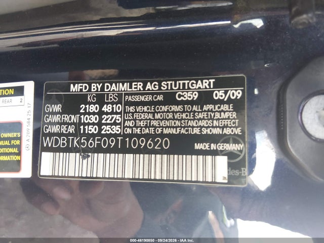Aukcja sprzedaży 2009 Mercedes-benz Clk 350, vin: WDBTK56F09T109620, numer aukcji: 46190850