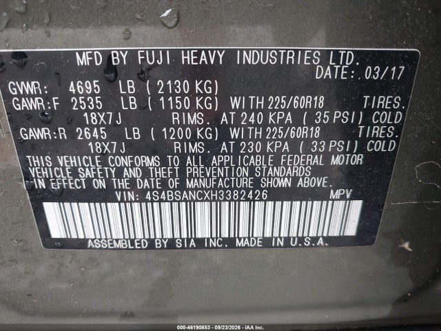 Продаж на аукціоні авто 2017 Subaru Outback 2.5i Limited, vin: 4S4BSANCXH3382426, номер лоту: 46190853