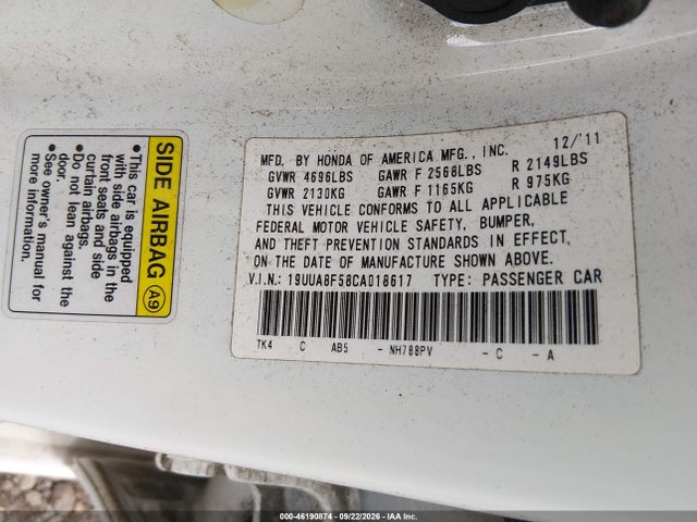 46190874 :رقم المزاد ، 19UUA8F58CA018617 vin ، 2012 Acura Tl Tech Auto مزاد بيع