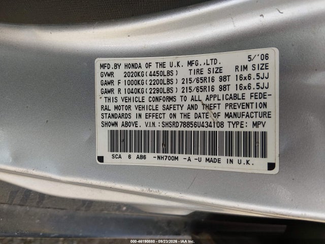2006 Honda Cr-v Ex მანქანა იყიდება აუქციონზე, vin: SHSRD78856U434108, აუქციონის ნომერი: 46190880